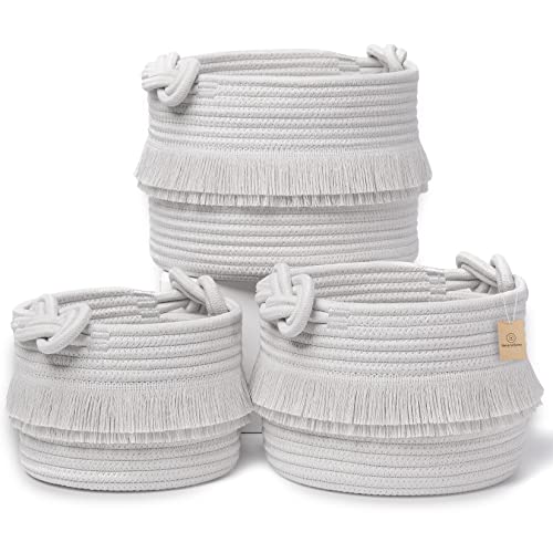 NaturalCozy 3-Piece Decorative Storage Basket Set – Cotton Rope Woven Baskets for Organizing! Small Storage Bins for Nursery Baby Stuff, Gift, Montessori, Dog Toy Bin, Cat Toys, Bathroom Shelves - color: Gray