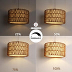 HuisMier Plug in Pendant Light Rattan Hanging Lamp 15 Ft Boho Hanging Lights with Rattan Woven & Fabric 2 in 1 Shade, Dimmable Plug in Pendant Light for Living Room Bedroom Dining Room - color: Beige and White