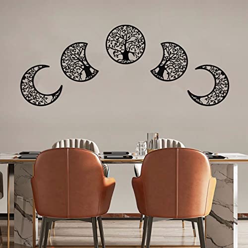 ASMANNA 5 Pcs Tree of Life Wall Art Moon Phase Wall Decor Wooden Moon Phase Wall Hanging Mandala Moon Decor Bohemian Lunar Aesthetic Art for Bedroom Living Room Dorm Apartment Office(black) - color: 2Black