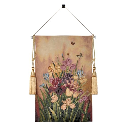 AureoMadis Vintage Floral Tapestry Wall Hanging Set with Telescopic Rod & Tassels - Jacquard Woven Fabric Aesthetic Flower Wall Tapestries for Bedroom/Living Room Decor Spring Botanical Art (27"x42") - color: Multicolored, with irises and butterflies