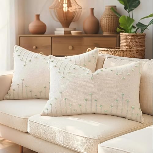 ZONYO Lumbar Throw Pillow Covers 12x20 Set of 2, Boho OutdoorTextured Woven Cotton Decorative Cushion Covers with Fringe Tassel, Fade Resistant Washable for Couch Sofa Bed Patio,Rectangle Sage Green - color: Green, size: 20" x 12" (Pack of 2)