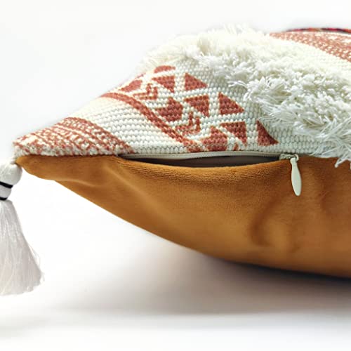 Alysheer Boho Tufted Decorative Throw Pillow Cover with Tassels Fringe 18''x18'', Cotton Velvet Reversible Woven Bohemian Style Cushion Case for Sofa Couch Living Room Gifts (Burnt Orange)