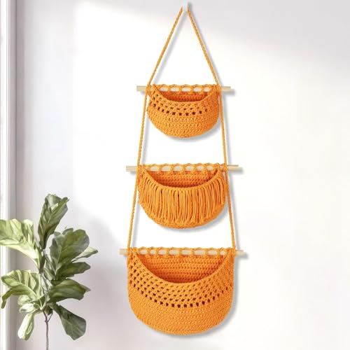 Boho Style Handwoven Rope Hanging Basket - 3-Tier Detachable Storage Organizer for Kitchen/Bathroom/Entryway, 3 Included Heavy-Duty Hooks, 7 Color Options Available (Gold) - color: Gold