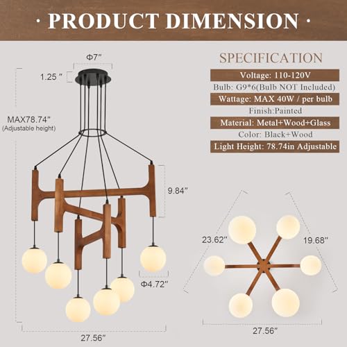 Farmhouse L28 '' Wooden Chandeliers with Milk Glass Globes Lampshades, Rustic Unique Mid Century Long 6-Light Pendant Chandelier for Living Dining Room Entryway Bedroom Kitchen,G9,Wood Stained Walnut - color: Walnut, size: L28 inches