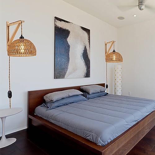 KAMTAT Boho Rattan Wall Sconce Plug in Hanging lamp Hand Woven Plug in Wall Sconces Rattan Rope Wall Light Farmhouse Wall Mounted Light Boho Wall Sconces Wall Lighting for Bedroom Living Room(1PK)