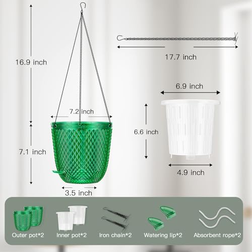 QCQHDU Hanging Planters for Indoor Plants, 2-Pack, 7.2 Inch, Emerald | Plastic, Self Watering Plant Hanger, with Drainage Holes, 3 Hooks Chains, For Garden Home - color: Emerald, size: 7.2in