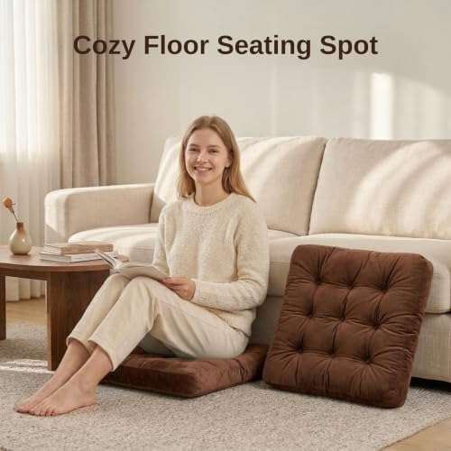 Floor Pillows for Adults Set of 2, Soft Velvet Floor Cushions for Sitting, Square Tufted Floor Pillow Set for Reading Nook, Living Room, Bedroom, 22 x 22 Inch, Brown - color: Brown, size: 2pack