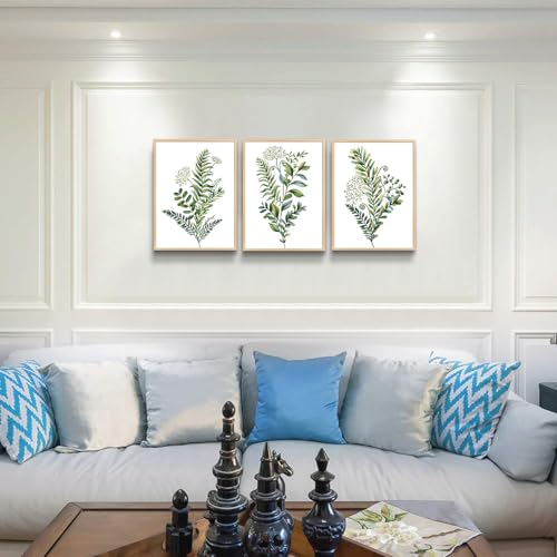 Natural Wood Frame 3 Pieces Framed Wall Art For Living Room Bathroom Wall Decorations Kitchen Wall Decor Canvas Print Decor Modern Simple Bedroom Home Decoration Green Leaves Poster Wall Paintings - color: 3 Panels Green Plants Natural Wood Framed, size: