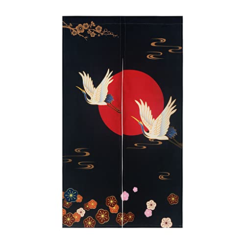 LIGICKY Noren Doorway Curtain Japanese Style White Cranes Red Sun Gold Colourful Cherryblossom Printed Cotton Linen Window Treatment Door Tapestry for Home Decoration 33.5" Width x 59" Long - color: Cranes Flowers Sun, size: 33.5"W x 59"L (Pack of 1)