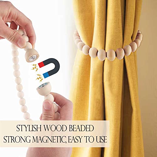 Magnetic Curtain Tiebacks Boho Beaded: Strong Magnets, Boho Decor Wood Bead Curtain Tiebacks, Farmhouse Decor Curtain Tie Backs for Curtain Holdbacks, Baby Nursery Decor, Natural, 2 Pack - color: Natural