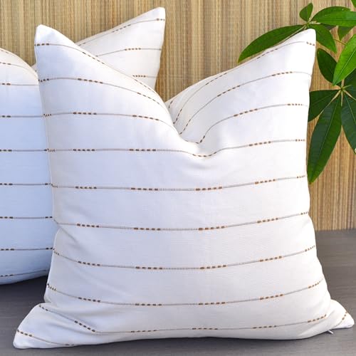 Minimalist Neutral Pillow Covers 18 x18 inches Cream White/Cotton Woven Striped Geometric Pattern Contemporary Cushion Covers/Simple Throw Pillow Cases for Living Room Sofa, Couch, Bed, Set of 2 - color: White, size: 18" x 18" (Pack of 2)