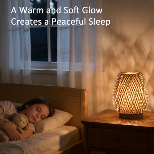ARTZONE Rattan Lamp, Vintage Boho Lamp for Bedside, Handmade Mini Bamboo Table Lamp for Entrance Bedroom Living Room Office and Home Decor