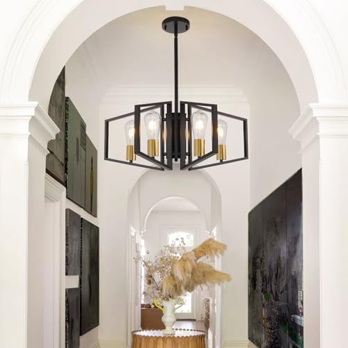 WJShome 4-Light Black and Gold Chandelier, Farmhouse Ceiling Light Fixtures, Dining Room Light Fixtures Over Table, Hanging Geometric Pendant Lights, for Kitchen Island, Bedroom, Foyer, Entryway - color: Black & Gold
