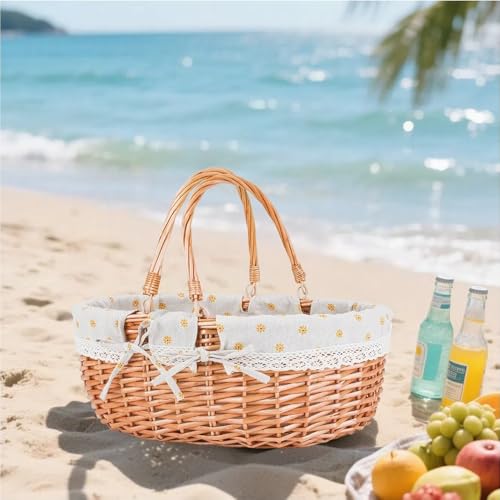 Large Wicker Picnic Basket with Handles,Handle Sturdy Woven Body with Removable and Washable Lining,Outdoor Camping,Gift Packing,Garden Picking, Storage.Yellow Flower - color: Yellow Flower