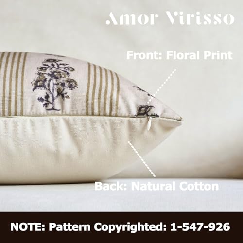 Amor Virisso Floral Throw Pillow Covers 20x20 Set of 2 Block Print Pillow Covers Neutral Floral Striped Farmhouse Decorative Pillow Covers for Sofa Couch Bed, Yellow - color: Yellow, size: 20" x 20" (Pack of 2)