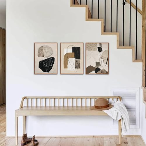 CHDITB Neutral Abstract Framed Wall Art For Living Room, Minimalist Geometric Wall Decor, 3 Piece Modern Canvas Prints, Boho Black And Beige Pictures For Living Room Hallway Stair Office Decor 12”X16” - color: Geometric
