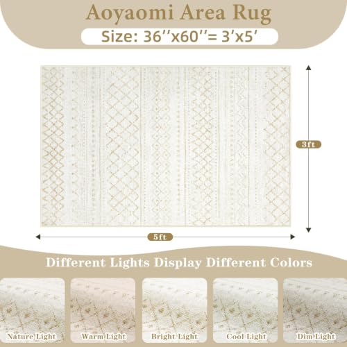 Area Rug 3x5 Geometric Rug: Washable Boho Moroccan Rugs Soft Farmhouse Rug, Modern Neutral Stain Resistant Indoor Floor Carpet for Livingroom Bedroom Dining Table Nursery(Beige,3X5) - color: Beige, size: 3' X 5' (Rectangular)