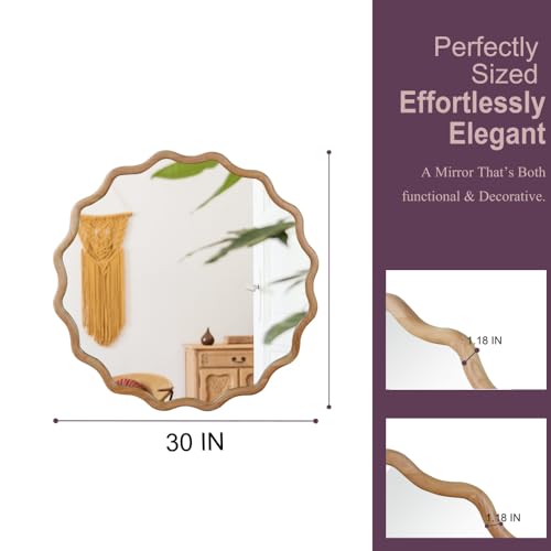 30" Wavy Round Wall Mirror with Solid Wood Frame, Country Irregular Decorative Mirror for Bathroom, Bedroom, Living Room & Entryway, HD Tempered Glass, No Distortion Vanity Mirror (Natural, 30") - color: Natural, size: 30"L x 30"W