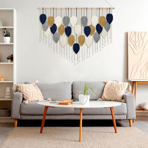 Macrame Wall Hanging, Boho Handmade Woven Leaf Tapestry, Chic Wall Art Decor for Bedroom Living room Nursery Apartment Ornament (51.5" W x 33.5" L) - color: Dark Blue-51.5"W x 33.5"L