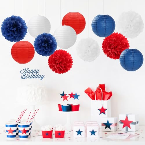 Fourth-4th Of July Imemorial-Day Party-Decorations - 15pcs Red White Blue Paper-Flowers Lanterns,Patriotic Graduation Tissue Pom Poms Streamers,Independence Veterans Hanging Supplies Decor Hugfond - color: Red Blue
