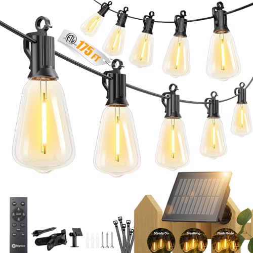 Brightown 175FT Solar String Lights Outdoor Waterproof with Remote, 56+2 LED Shatterproof Bulbs, Dimmable & Timable, 3 Light Modes - Commercial Grade Patio Lights for Garden Backyard Party Decor - size: 175FT(56 Sockets)