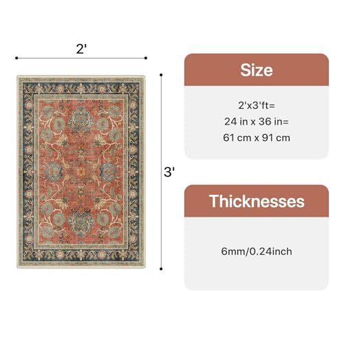 Bavni 2x3 Washable Entryway Rug, Vintage Distressed Door Mat Non Slip, Low Pile Soft Coral Red Blue Carpet Stain Resistant, Small Thin Accent Floral Area Rugs for Bathroom, Kitchen, Nursery, Laundry - color: Coral Blue, size: 2' x 3' (Rectangular)