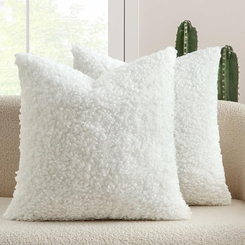 MIULEE Pack of 2 Throw Pillow Covers 18x18 Inch Neutral Pure White Faux Fur Decorative Sherpa Pillow Covers Fuzzy Accent Soft Sheepskin Fleece Cushion Cases for Boho Home Decor Couch Living Room Bed - color: Pure White, size: 18" x 18" (Pack of 2)