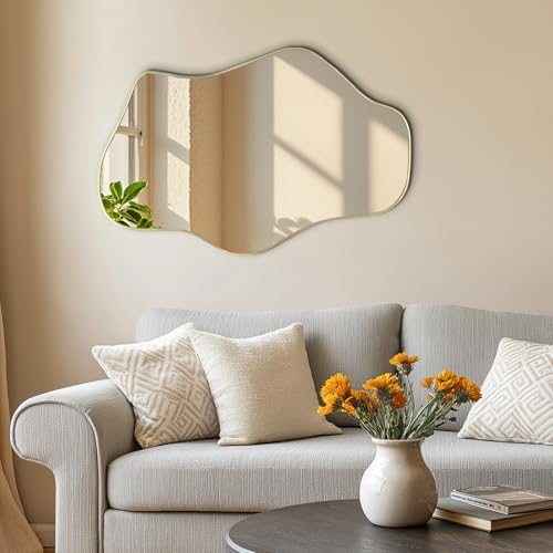 Gold Irregular Mirror, 21"x14" Asymmetrical Wall Mirrors, Modern Frameless Mirror for Wall, Unique Shaped Mirrors for Living Room Bedroom Bathroom Hallway Entryway Fireplace - color: Gold, size: 21"L x 14"W
