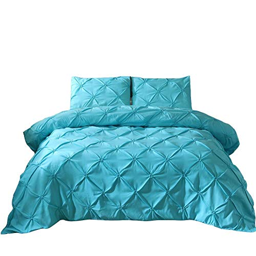Feelyou Bedding Pinch Pleated Duvet Cover Set Full Size Microfiber Polyester Solid Geometric Bedding Sets Aqua Blue Pintuck Tufted Design Luxury Comforter Cover with 2 Pillow Shams, 3 Pieces - color: Aqua Blue, size: Full