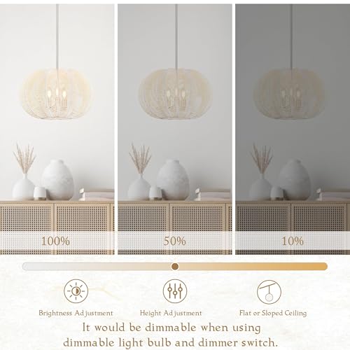 17.7 Inch Rattan Pendant Light White Hemp Rope Rattan Light Fixture Wicker Chandelier Woven Pendant 3-Light Boho Chandelier for Kitchen Island - color: 17.7" White