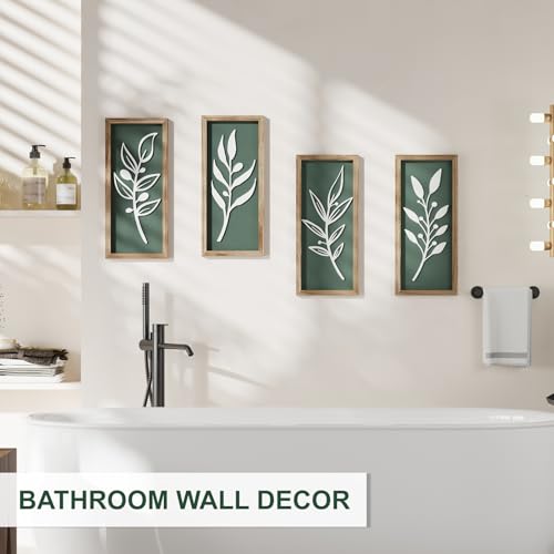 3D Tree Leaf Sage Green Boho Wall Art Lightweight (Set of 4), Minimalist Botanical Farmhouse Wooden Framed Bathroom Wall Decor For Living Room Bedroom Kitchen Office Hallway Decorations - color: Tree leaf Green (Set of 4)