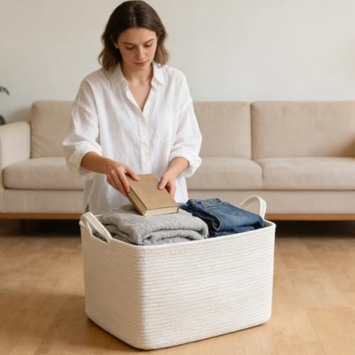 96L Large Blanket Basket,24"x16"x15"Rectangle Storage Bin with Handles,Woven Rope Laundry Basket for Toys, Clothes,Magazines,Home Organization,Nursery,Living Room & Bedroom,White - color: White, size: 24"x16"x15"(96L)