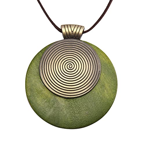 Leather Necklace for Women Long Boho Pendant Hippie Choker Necklace Bohemian Layered Leather Rope Wooden Jewelry Gifts - style: Green Big Wood Pendants
