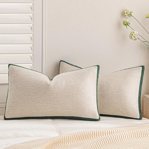a moment Christmas Dark Green Loop Yarn Linen-Like Pillow Cover Natural Soft Decorative Throw Pillow Case Farmhouse 12x20 Inch, Textured Cushion Cover for Sofa Bed, Wrinkle-Resistant Home Decor - color: Dark Green, size: 20" x 12" (Pack of 2)