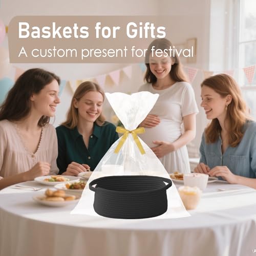 JMvicyroam Woven Basket,Small Rope Storage Bin with Handles & Ribbon Bag, Organizer for Shelves Closets,Gift Basket Empty for Birthday,Books,Dog Toys, Black - color: Black, size: 1 Pack