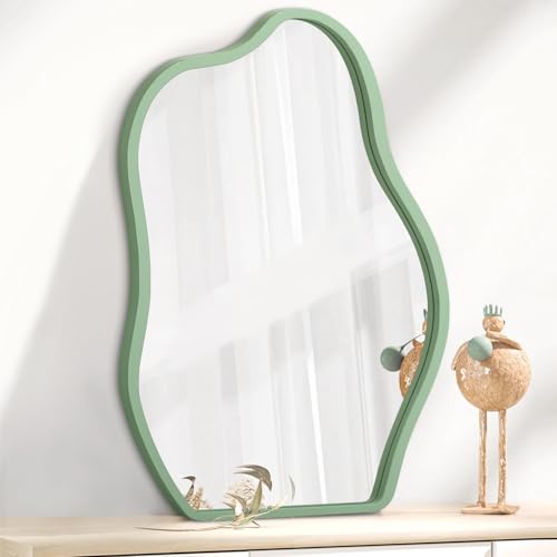 Asymmetrical Large Mirror Irregular Modern Mirror for Wall Decor Wooden Framed Hanging Wall Mirror Unique Shape Vanity Cloud Mirrors Decorative for Bedroom Bathroom Living Room Entryway - color: Olive, size: 26"L x 18"W