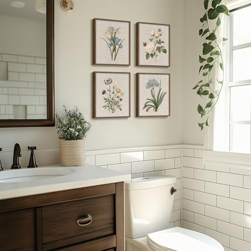 Framed Botanical Wall Art for Bathroom, 4 Piece Vintage Floral Canvas Painting Prints Artwork Farmhouse Wall Decor, Rustic Flower Butterfly Pictures for Bedroom Kitchen Hallway Home Decor, 8x10 Inch - color: Floral - Walnut Framed, size: 8" W x 10" H x 4p