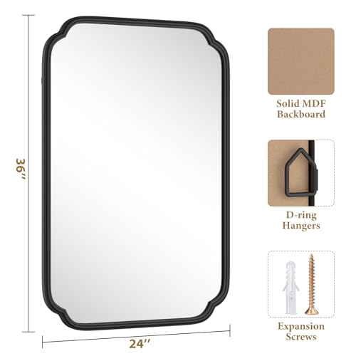 Ferytange Black Bathroom Vanity Mirrors for Over Sink 24" x 36" Modern Rounded Corner Rectangle Mirror with Non-Rusting Iron Metal Framed Wall Mounted Decorative Mirror (Horizontal/Vertical) - color: Black, size: 36"L x 24"W