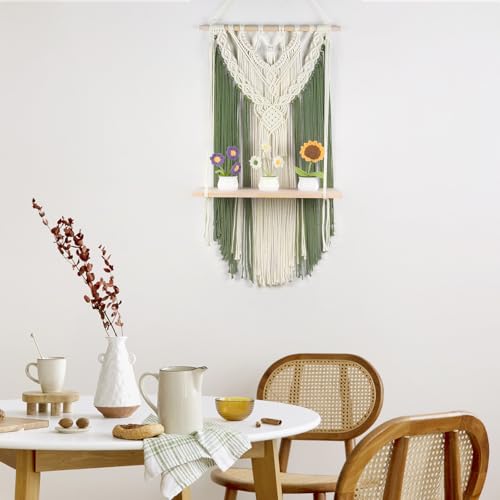 HVEST Green Macrame Wall Hanging Shelf Boho Wall Decor Floating Storage Book Shelf Green and Beige Handmade Tapestry Woven Wall Art for Bedroom Living Room Dorm Nursery Bathroom Macrame Plant Hanger - color: Green Beige