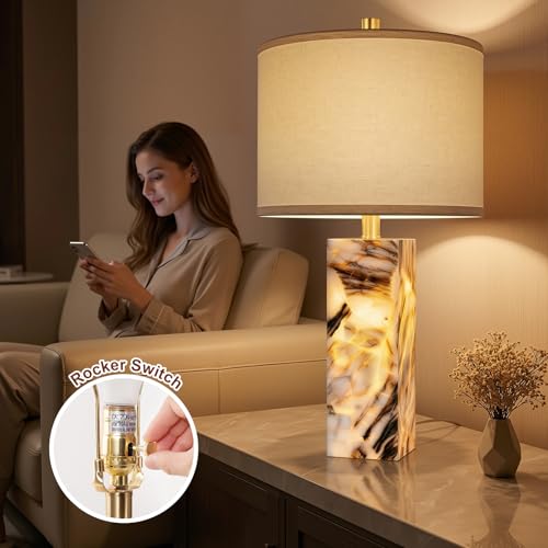Scenekoy 23" Modern Alabaster Table Lamps Set of 2 with Night Light for Bedroom, Rotary Switch, Bedside Lamp with Linen Shade, Brown Table Lamp for Living Room Nightstand Office (Bulb Included) - color: Brown