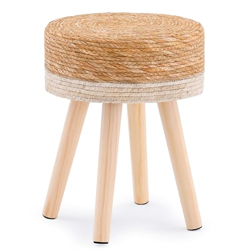 Handwoven Outdoor Ottoman, Water Hyacinth Pouf Round Patio Footstool with Wood Legs, 17-Inch Multipurpose Vanity Stool, Dining Chair, Patio Footrest for Balcony and Garden, White - color: White, size: 13"D x 13"W x 16.9"H