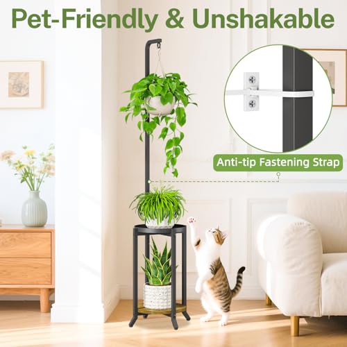 iDavosic.ly 2 Tier Hanging Plant Stand Indoor, Tall Vertical Corner Metal Flower Heavy Duty Pot Holder Shelf for Patio Porch Living Room, Modern Black & Rustic Brown - Round - color: Black with Hanging, size: 2 Tiers