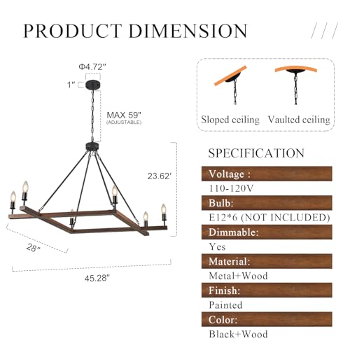 L45'' Rustic Farmhouse Square Wood Chandeliers 6-Light Unique Rectangular Candle Chandelier Long Ceiling Pendant Light for Living Dining Room Foyer Kitchen Bedroom High Ceiling,E12 - color: Walnut, size: 45 inches