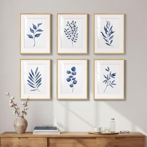 Framed Minimalist Botanical Wall Art, Set of 6 Blue Floral Leaf Painting Prints Artwork for Walls, Navy Blue Flowers Watercolor Plant Pictures for Bedroom Dining Room Hallway Office Home Decor, 11x14 - color: Blue Leaf - Neutral Framed, size: 11" W x 14"