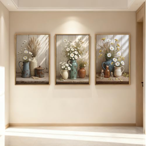 ANHUIB Vintage Wildflower Botanical Canvas Wall Art Framed Rustic Farmhouse Floral Pictures Wall Decor Country Daisy Painting 16x24 Inch Flower Set of 3 for Living Room Bedroom Office - color: Farmhouse Floral, size: 24"L x 16"W