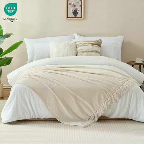 Chenille Throw Blanket for Couch with Tassels,60"X80" Soft Cozy Lightweight Knitted Boho Decorative Blankets for Bed and Sofa,Cream - color: Cream, size: 60"x80"