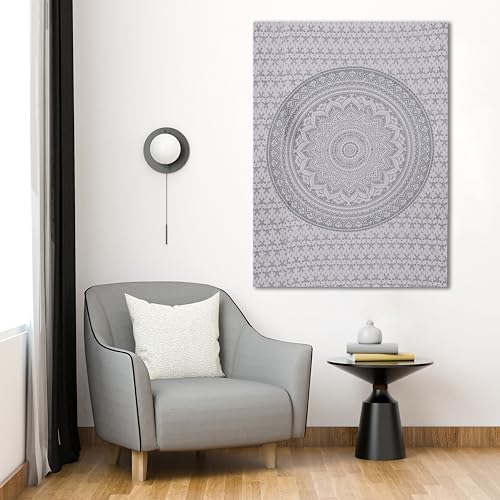 THE ART BOX Glittering Silver Grey Tapestry Wall Hanging Mandala – Bohemian Room Decor – Cotton Throw Tapestry – Small Bedspread 30x40 Inches - color: Silver and White, size: 30"L x 40"W