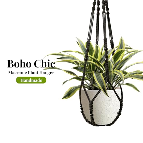 LEWESU Macrame Plant Hanger Indoor Set of 2 with 4 Hooks, Indoor Outdoor Hanging Planter for Plants Holder with Decorative Wood Beads & No Tassels, Boho Home Decor, 35 Inch Black (Pots Not Included) - color: Black, size: 35" Set of 2