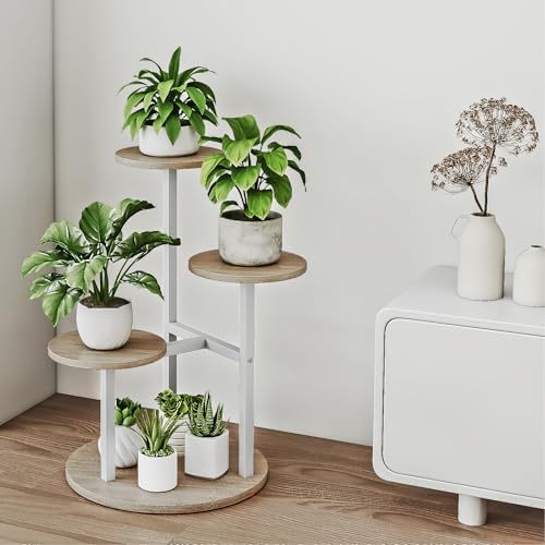 INGIORDAR Plant Stand Indoor Outdoor Corner Plant Shelf for Multiple Flower Pots Flower Stand Holder for Patio Garden Balcony Living Room (White+Sonoma Oak, 4 Tier) - color: White 4 Tier, size: 4 Tier