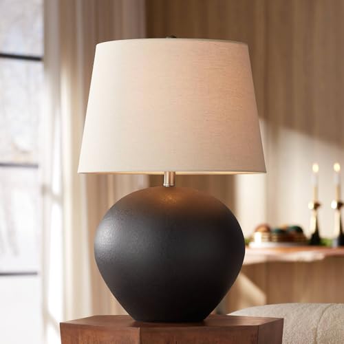 360 Lighting Paulo 24 1/2" High Pot Farmhouse Rustic Southwestern 3-Way Table Lamp Matte Black Ceramic Single Fabric Beige Shade Living Room Bedroom Bedside Nightstand House Office Home Reading